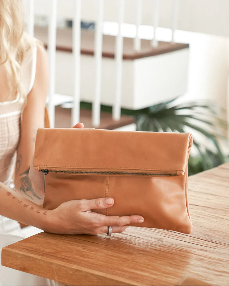 Foldover Clutch- Bare Leather- Almond