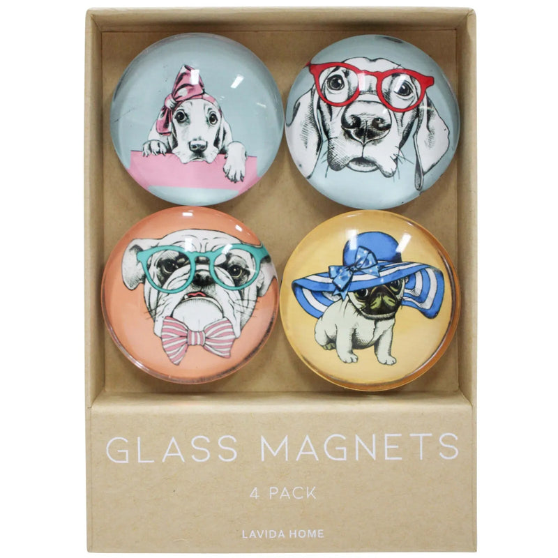 Glass Magnets- Dogs Bow Wow- Set of 4