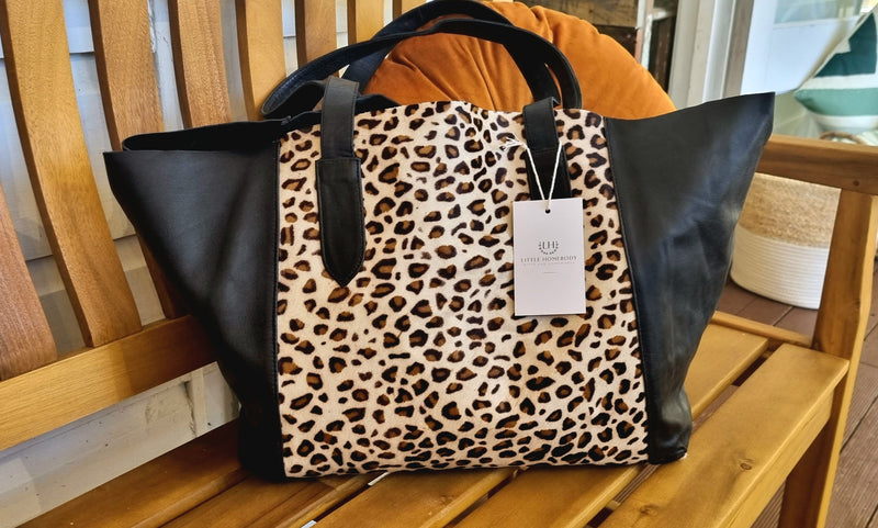 Cowhide  Leather Tote Bag in Black and Leopard Print