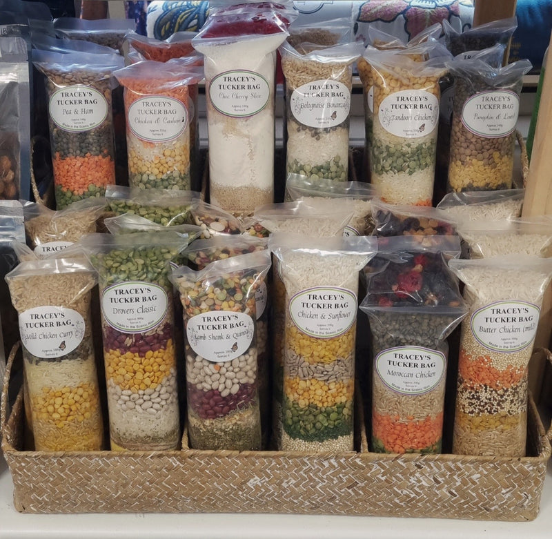 Tracey's Tucker Bag Assorted Gourmet ready-mixed meals.
