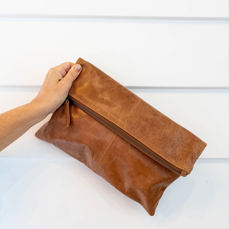 Foldover Clutch- Bare Leather- Camel