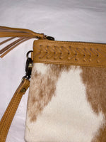 Cowhide Leather Clutch in Tan/White